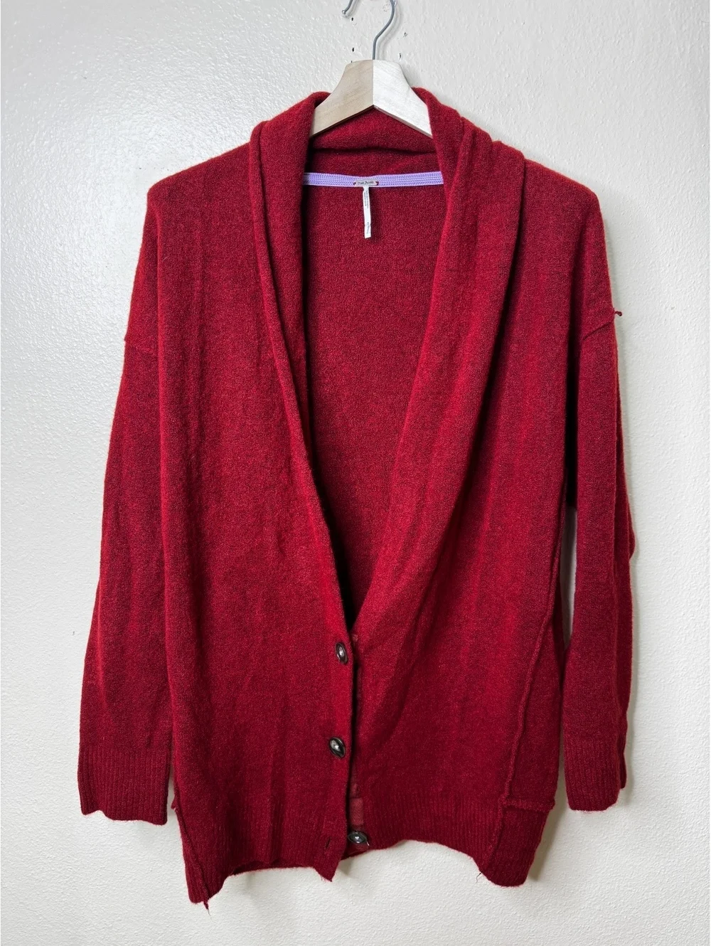 Free People Women’s Small Red Wool Blend Shawl Collar Button Cardigan Sweater